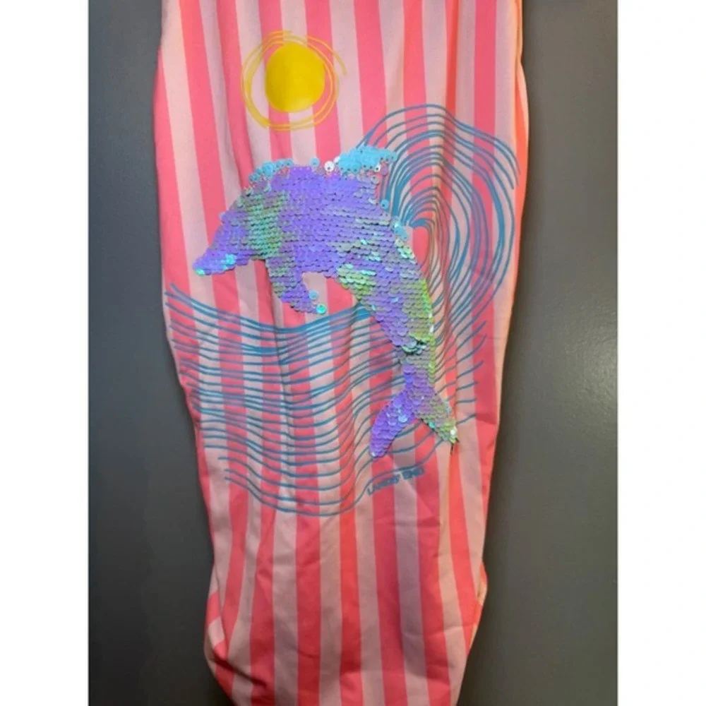 Lands' End‎ Girls Pink Striped Sequin Dolphin One Piece Swimsuit Size 14